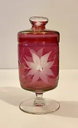 Vintage Cranberry Glass Iridescent Flashed Etched Pedestal Candy or Jelly Jar with Lid. Beautiful Container with No...