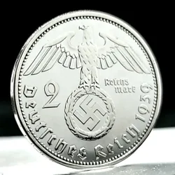 The 2 Reichsmark silver coin has a diameter of 25 millimeters, a little larger than a quarter, and is 62.5% silver. All...