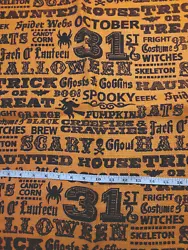 Fun piece of burlap fabric for Halloween crafting. Orange background with black Halloween words on one side. The back...