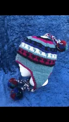 Handmade Crochet Wool Blue and Pink Pom Pom Winter Hat. Condition is 