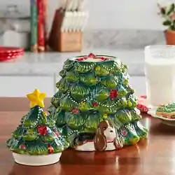 Festive Christmas tree cookie jar. Versatile and beautiful seasonal piece that can be used year after year.