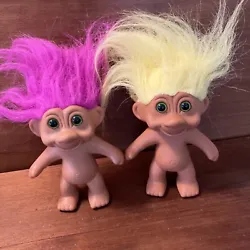 LOT 2 Vint TROLL DOLLS RUSS 1991 TNT Blue pink And Yellow Hair Dolls. No clothes. No stains- very good played with...