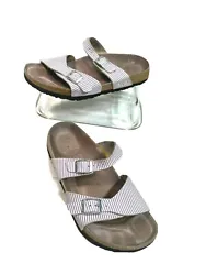 Very good pre-owned condition. The inside of these sandals are lined in a cloth like felt which shows up dirt also a...