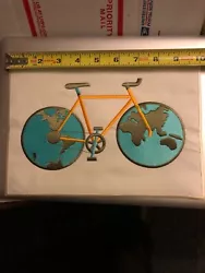 SCHWINN WORLD. SUPER COOL GIANT BICYCLE PATCH with GLOBES FOR WHEELS. great GRAPHIC CLOTH PATCH.