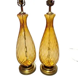Set of 2 Vintage Mid Century Diamond Optic Amber Blown Glass. Empoli style. Very Tall Table Lamps. Original wiring....