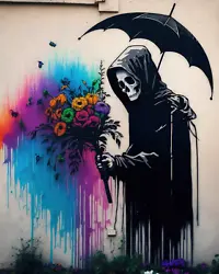 Grim Reaper With Flowers Graffiti Painting. High Resolution Giclee Art Print on 100% Real High Quality Woven Canvas....