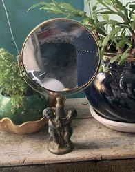 Antique Victorian bronze cherub Vanity mirror Old RARE. Wonderful old mirror Flip mirror Both sides mirror .. 13”...