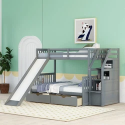 Harper & Bright Designs Bunk Bed with Slide, Twin over Full Bunk Bed with Stairs,Wood Bunk Bed Twin over Full Size with...