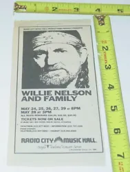 Here I have Listed 1 Willie Nelson Concert AD Advert 1984 Tour Radio City Music Hall NY.Ad is in EX condition.