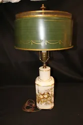 Porcelain base with gold/brown floral pattern, felt foot pads. Large table lamp.