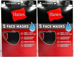 Hanes Black 100% Cotton Face Mask Reusable Protective Cover Facemask. 10 Pieces High-Quality Hanes Daily Face Covers....