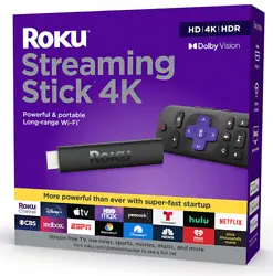 Roku Streaming® Stick® 4K. Power adaptor. USB power cable with Long-range Wi-Fi® receiver. Quick start guide. Power:...