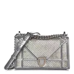 Color: Silver Fabric: Calfskin, Metal, Beads Hardware: Silver Closure: Flap, Push Button Cannage Pattern Stamped Dior...