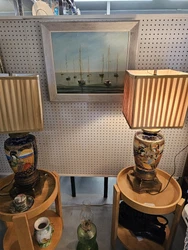 A Pair Of Antique Asian Satsuma Lamps With Original Shades. They have a brass base, and these lamps are in beautiful...
