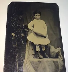 Odd Covered Chair, Large Fake Tree, Girl Standing On Chair. Wonderful & Strange Child Portrait! Scantic Antique.