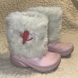 Crocs Girls Powder Furry Faux Fur Rain Snow Boots Pink/White Rubber Size 10 /11. Boots still have a lot of life and are...