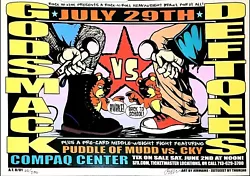 An original Jermaine Rogers  concert poster from July 29, 2001 show. DEFTONES  GODSMACK  PUDDLE OF MUD  CKY Mint...