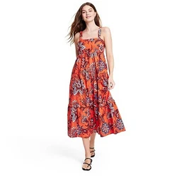 •Large leafy floral tiered midi dress •Floral print in bright hues •Made from 100% cotton fabric •Square...