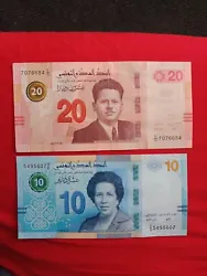 Billets Tunisie.deux billets 10 et 20 dinars UNC
