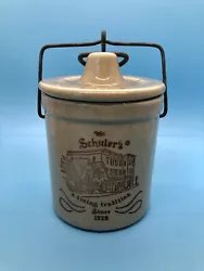 Win Schulers Vintage Crock Pot Cheese Seal Wire Clamp Stoneware Rare Front Pic. Measures roughly 5” tall not...