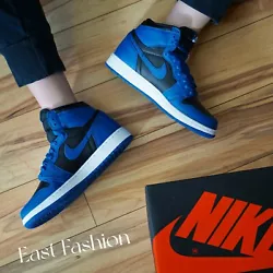 The Air Jordan 1 High Dark Marina Blue arrives with a smooth black leather upper with Dark Marina Blue overlays and...