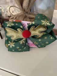 JoJo Siwa Green Hair Bow Glittery Gold Snowflakes Reindeer Christmas Rudolph NWT. Condition is New with tags. Shipped...