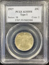 This 1917 Standing Liberty Quarter is a rare gem. It has been certified by PCGS and has a grade of AU 55. The mint...