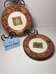 Pfaltzgraff Holiday Spice Burgundy Rim (4) Salad Plates 8”.Discontinued - produced from 2003-2004.(2) Holly, (1) Star...