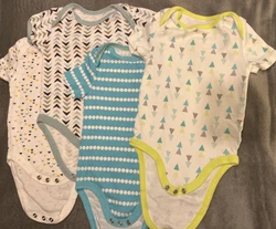 Body suits, Unisex. Bright colors of blue, green, yellow, Grey. Abstract patterned. Fun style!