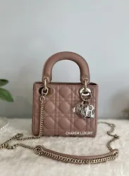 Super Gorgeous! AUTH💗🤎 Year 2021 Christian Dior MINI LADY DIOR FARD NUDE PINK Lamb Leather BAG with gold hardware...