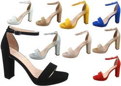 Open toe, single band at vamp. Covered chunky heel. Ankle strap with adjustable buckle. Heel height: 3.85 (approx.). WE...