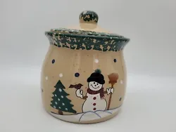 Snowman Canister Cookie Jar Winter Scene Ceramic Green LTD Commodities   Tan colored background with green sponge...