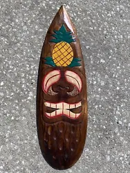 PINEAPPLE TIKI MAN SURFBOARD SIGNHAND CARVED & HAND PAINTED OUT OF WOODVERY BRIGHT COLORSAPPROX 24”” TALL 10”...