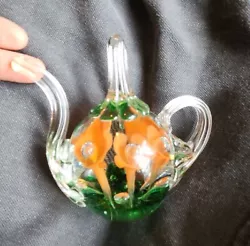 Vintage Hand-Blown Art Glass Orange/peach Colored Flower Tea Pot.  Excelent condition with no scuffs, scratches, or...