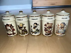 Oregano, Garlic, Parsley, Onion, Thyme 1987 Ceramic and Porcelain Hummel Spice Jars made in Japan. Item is New (Used)....