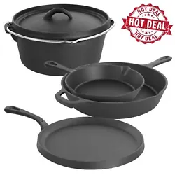 Set: 5 Piece SetMaterial: Cast IronCompatible With: Gas, Electric, Glass, Induction, Oven, Grill/CampfireOven Safe 450...