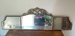 Antique Mirror 3 Panel Mantle Buffet Etched Old Wood Gesso Ornate. One corner is missing some wood, mirrors have...