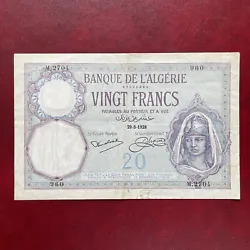 Algérie Billet 20 Francs Banque De L Algérie 1928Pick78État:TB+/F+Aucun épinglage 1 fente marge gauche Pli central...