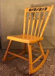 Rocking Chair. 19th Century Arrow-Back Windsor Childs. Solid Plank Shield seat and bamboo ring turnings. Yelow Paint...