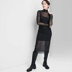 •Black bodycon dress embellished with sparkly rhinestones •Lightweight, stretchy, sheer mesh fabric with soft...