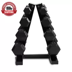 Black cast iron dumbbell set with rack. Steel handles with ergonomic grip.