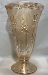 Vintage Jeanette Marigold Carnival Glass Vase Iris Herringbone Scallop 9