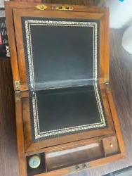 Antique Writing Box 1800s Victorian Travel Carriage Lap Desk Wood Brass Inlaid. Some water damage as shown on photos