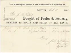 1861 Foster & Peabody Boots & Shoes Boston Billhead. Single sheet. Folds, minor soil, light wear.