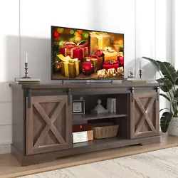 This farmhouse TV stand with sliding barn door is well-designed to bring a rustic style to your living room and fit...