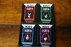 Here is a MINT IN BOXES AND UNLIT ZIPPO LIGHTER SET OF 4 PIECES. KISS DEMON, CATMAN, SPACE ACE, STARCHILD.