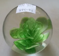 RUSS Berrie Paperweight Art Glass Orb with LIGHT GREEN Flower - 2 1/2