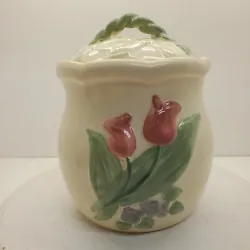 Treasure Craft Pottery Tulip With Purple Flowers Cookie Jar. This jar is in very nice pre-owned condition with no...