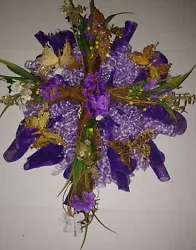 This wreath has a lot of gold glitter and bling with all the butterflies and bird. Ready for Funeral Service or Gift...