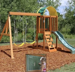 Wooden Swing Set Playground Outdoor Cedar Playhouse Backyard Kids W/ Slide New.